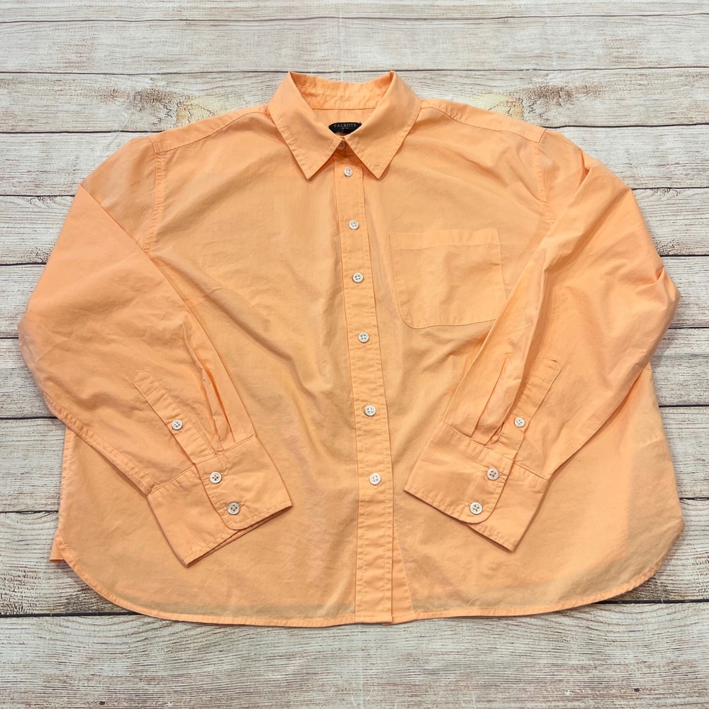 Talbots Petite MP Peach Orange Button Down Long Sleeve Shirt Collared Blouse